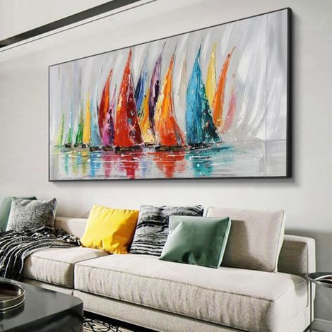 Tableau abstrait sur toile Peinture colorée de bateau à voile Peintures à l'huile sur toile Art mural décor 60x120cm sans Cadre (1/4)