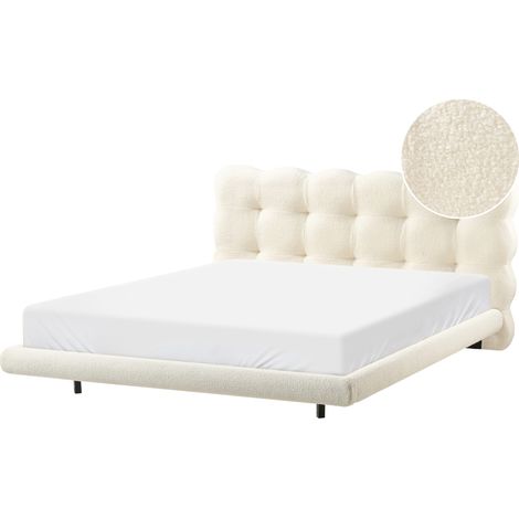 Cama de bouclé con cabecero con capitoné 160 x 200 cm somier de láminas patas de metal blanco crema Soulisse