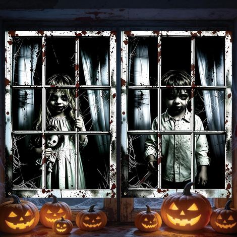 Décorations de fenêtre, rideaux et guirlandes pour Halloween, ensemble de deux pièces, fanions pour une scène de maison hantée en extérieur - 80 x 120 cm (deux pièces) - NG-13