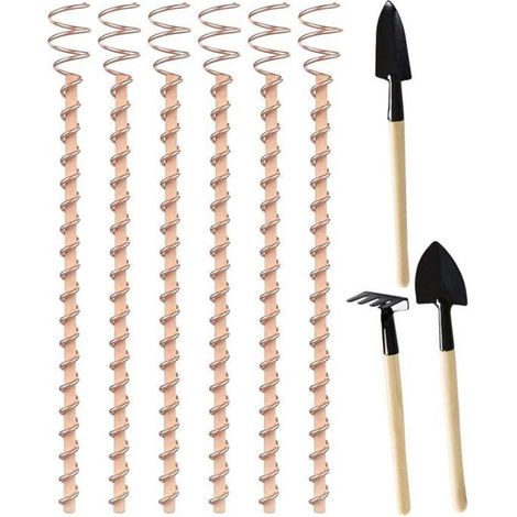 Gardening accessories: copper wire and antenna for electroculture, iron handle for plants.