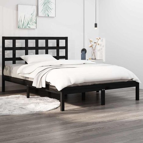 Cadre de lit avec tête de lit 140 x 190 cm, bois de pin massif noir, sans matelas - PANGIVO (1/5)