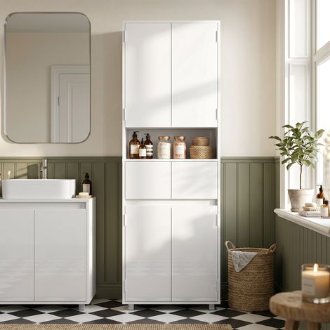 Meuble de salle de bain blanc brillant mince avec tiroirs et étagères (1/5)