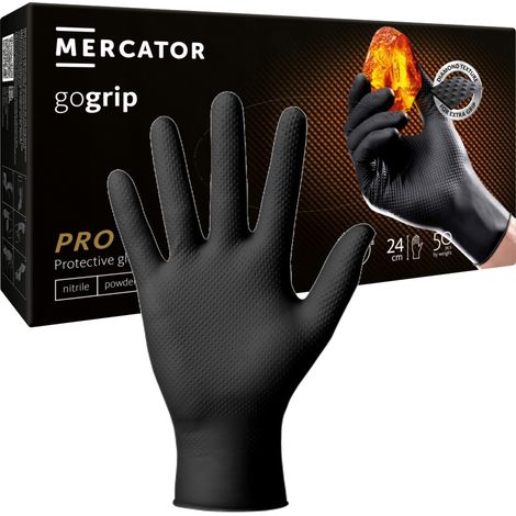 GUANTES DE NITRILO NEGROS, RESISTENTES Y GRUESOS MERCATOR GOGRIP, TALLA XL, 50 UNIDADES