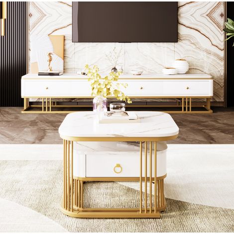 Lot de 2 tables basses effet marbre brillant, tiroir, blanc et doré HAVRYA (1/5)