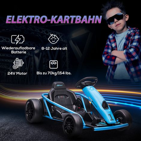 Kart électrique enfant avec dérapage, klaxon, musique, ceinture sécurité, démarrage doux, bleu/noir