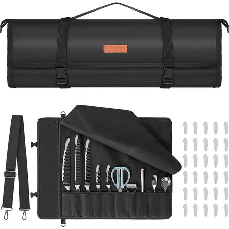 Upgraded Chef Knife Bag with 10 Slots and 1 Large Zipper Pocket Portable Oilcloth with Adjustable Strap and 30 Knife Tip Guards, Black, Black, Bag Organizer (1/5)