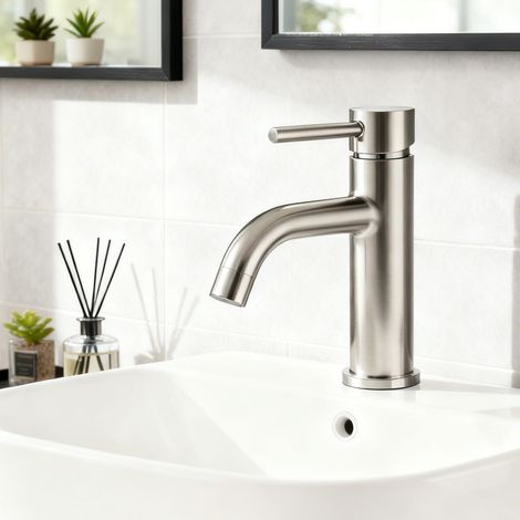 Océan Robinet de salle de bain mitigeur monocommande lavabo, acier inoxydable 304, 175mm hauteur basse, eau chaude/froide réglable, finition brossé (1/4)