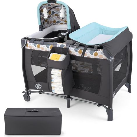 COSTWAY 5 in 1 Lettino da Campeggio Bambini, con Fasciatoio Materasso, Box Portatile con Culla a Dondolo, Barra Giochi, Scatola Musicale e Borsa da Viaggio, Lettino Viaggio per Bambini 0-36 Mesi (Blu) (1/5)