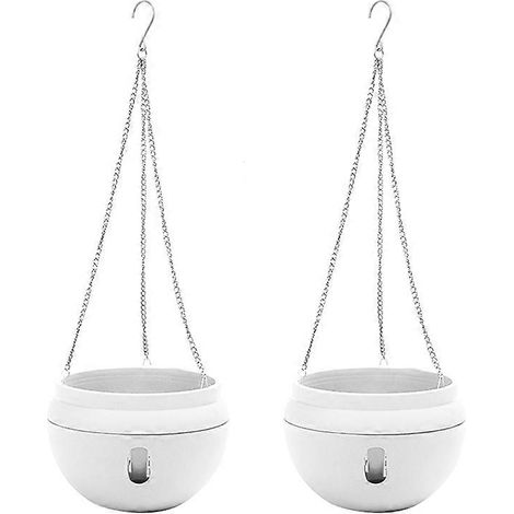 Lot de 2 jardinières suspendues en plastique avec arrosage automatique et crochets, pot de fleurs suspendu avec base amovible, blanc (1/4)