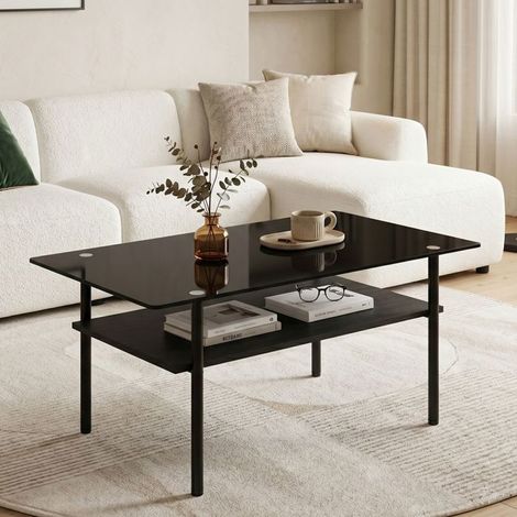 Table Basse avec Rangement plateau en verre noir étagère MDF structure en métal format rectangulaire coloris noir (1/5)
