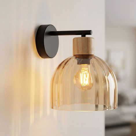 Wandleuchte Wandlampe Flurleuchte Metall schwarz matt Glas amber Holz E27 H 24cm