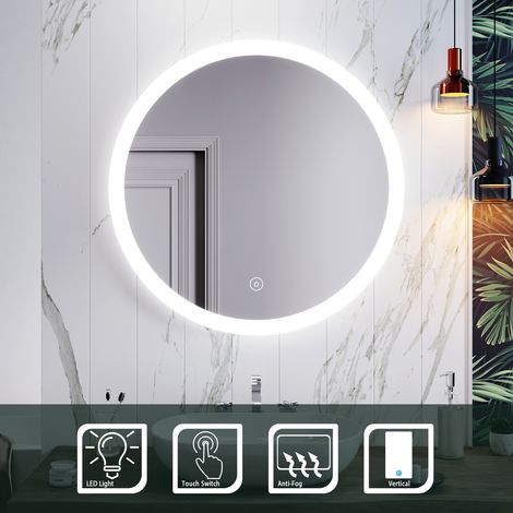 SIRHONA Miroir Rond LED 80x80cm Lumineuse LED Miroir de Maquillage Anti-buée avec Interrupteur Tactile Lumière Blanche (1/4)