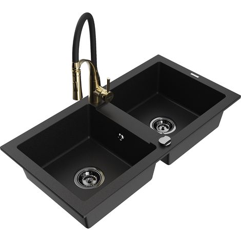 Mexen Mario lavello da cucina in granito a 2 vani con rubinetto Aster, nero - 6504-77-73450-57-B (1/5)