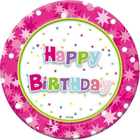 Happy Birthday Pappteller, rosa, 18 cm, 6 Stück