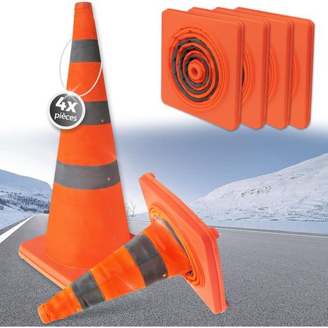 Lot de 4 Cônes de Signalisation Pliables, Plots de Chantier 75 cm avec Bandes Réfléchissantes – pour la Régulation du Trafic, Les Chantiers et Travaux (1/5)