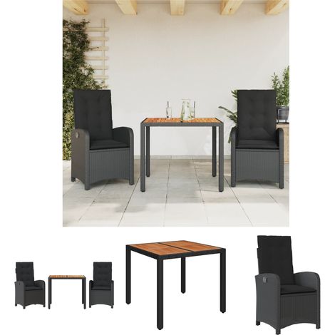The Living Store 3-tlg. Garten-Essgruppe mit Kissen Schwarz Poly Rattan - Gartenmöbel-Sets (1/5)