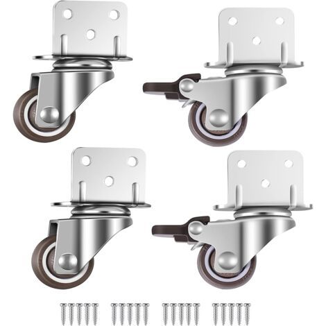 Lot de 4 petites roulettes pivotantes pour meubles, 25 mm avec frein, plaque de montage en L, convient pour meubles, supports de fleurs, crèches (25 mm) (1/5)