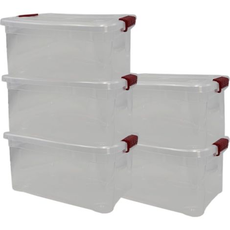 5 Contenitori multiuso in plastica trasparente da 10 Litri con chiusura a scatto - Misura 37x25,5x17 cm - Porta biancheria salvaspazio impilabile con (1/5)