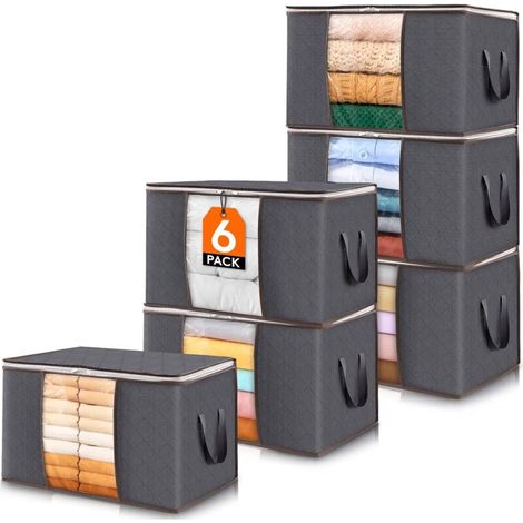 Lot de 6 Sac Rangement Vetement, Boite Rangement Déménagement Bac de Rangement pour Vêtements, Couvertures, Couettes, Caisse rangement Pliable avec Poignée Renforcée, Gris (1/5)