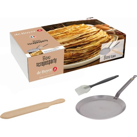 Box Crêpes Party : poêle à crêpes 26 cm acier De Buyer pinceau silicone et spatule à crêpes 36 cm en hêtre (1/5)