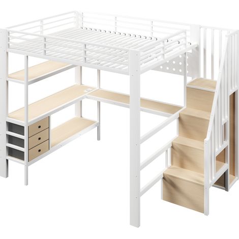CAIziLit mezzanine 140x200 cm métal blanc, bureau, LED, étagère, tiroir (1/5)