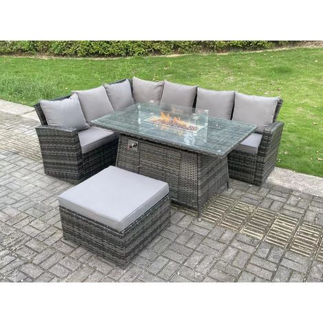 Fimous 7 Seater Outdoor High Back Rattan Gas Fire Pit Corner Sofa Dining Set Garden Furniture Heater Dining Table Dark Grey Mixed Left Side