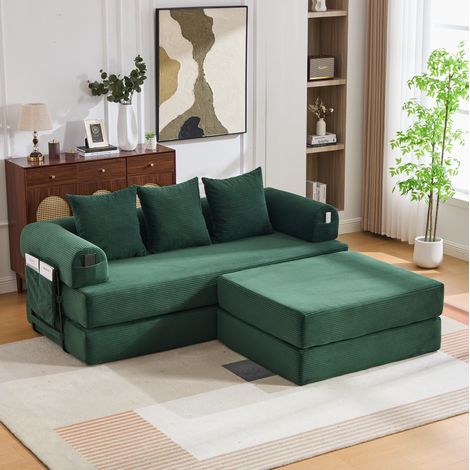 Canapé modulaire 200/190/67 cm en velours côtelé vert émeraude avec pouf, 3 coussins et poche latérale (1/5)