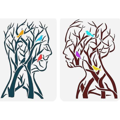 Pochoir Arbre de Vie (lot de 2) 29,7 x 21 cm (11,7 x 8,3 pouces) - Modèle homme/femme - Pochoir branche/oiseau - Pochoir pour loisirs créatifs - Modèle d'arbre et de silhouette humaine - Gabarit pour