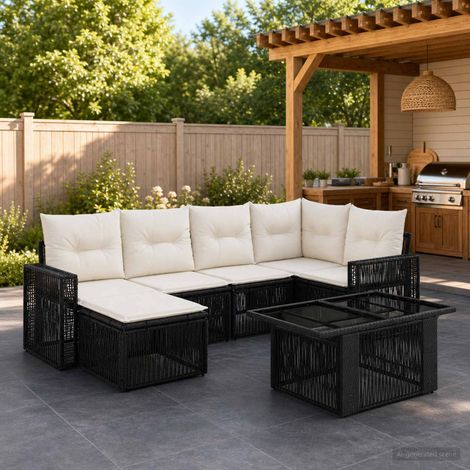 vidaXL Set Divano da Giardino 7 pz Nero e Bianco Crema polyrattan (1/5)