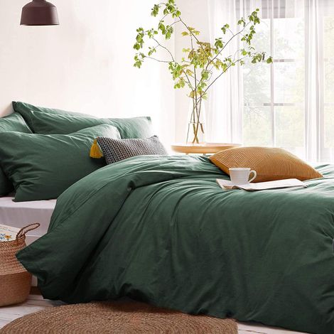 Parure de lit unie en microfibre brossé pour fille avec housse de couette et taie d'oreiller 80 x 80 cm, Microfibre, vert foncé, 200x200cm+80x80cm2 (1/5)