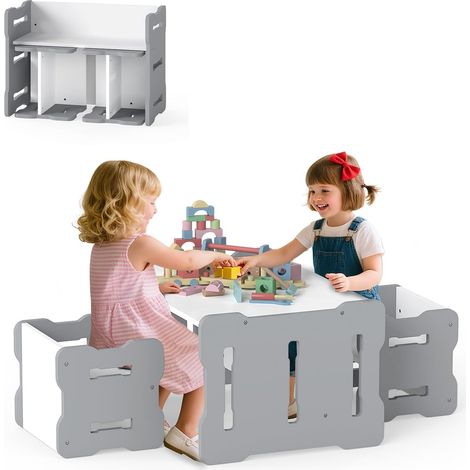 COSTWAY Table Enfant avec 2 Chaises, Bureau Enfant et Table dActivités avec Coins Arrondis, Poignées, Charge 50/35 kg, pour Salle de Jeux, Chambre denfant, Maternelle, Gain de Place (Gris) (1/5)