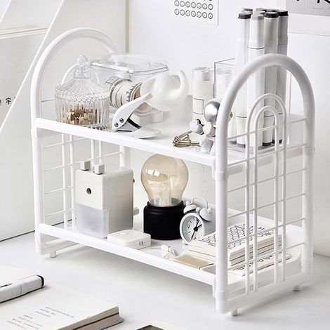 2-Tier Desktop Storage Rack for Books and Office Supplies, Sturdy Plastic Shelf with Modern Look for Dormitory and (1/5)