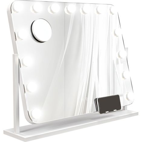 Miroir cosmétique LED avec 3 modes d’éclairage (jour, studio, nuit), intensité lumineuse réglable par commande tactile, alimentation USB incluse, dimensions 62,5 x 49,5 cm, couleur blanc (1/5)