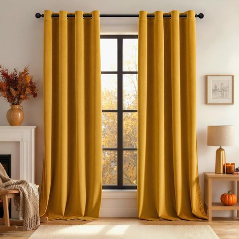 Lot de 2 rideaux occultants en velours avec œillets, jaune moutarde, H 245 x l 140 cm (1/5)