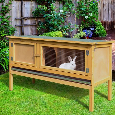 Conejera de madera con techo abatible, 2 puertas, bandeja impermeable, 115 x 44,3 x 65 cm, amarillo claro