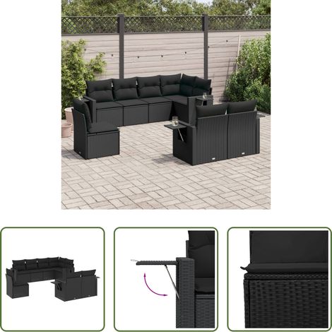 Gartensessel -  8-tlg. Garten-Sofagarnitur mit Kissen Schwarz Poly Rattan
