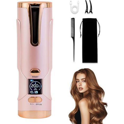 Automatic Curling Wire, Automatic Cordless Portable Curling Iron  Automatic Rotation, Ceramic, 6 Temperature Levels, USB Charge 5200mAh, Large and Small Loops (1/5)