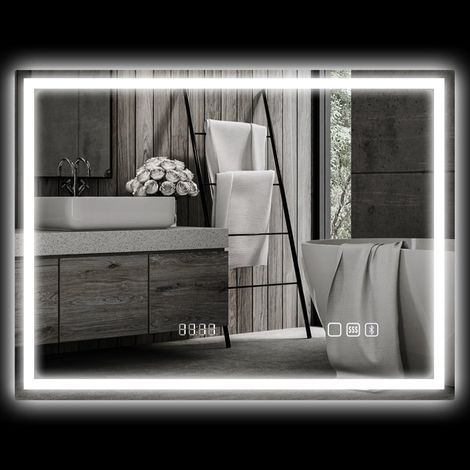 Espejo de baño con LED - 80 x 60 cm - espejo de pared - Bluetooth, función de memoria, reloj - antivaho - plateado (1/5)