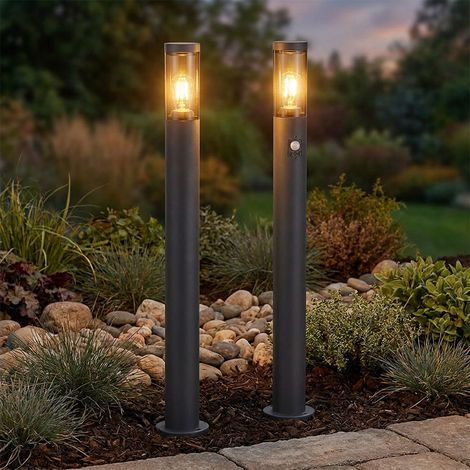 Stehleuchte mit Bewegungsmelder Außenleuchte Sensor Standlampe Edelstahl anthrazit, rauch, 1x E27 Fassung, DxH 12,7x110cm, 2er Set