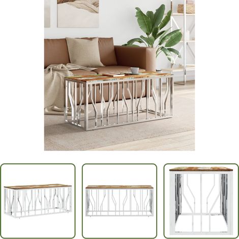 Bois de récupération - Table basse argenté acier inoxydable/bois massif récupération (1/5)