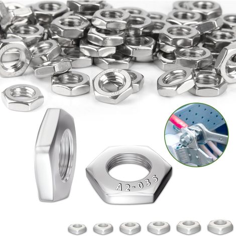 Lot de 70 écrous hexagonaux M8 forme basse, chanfrein - DIN439 - Aciers inoxydables A2 V2A - Fer, vis, boulons, acier, bois, machines, meubles (1/5)