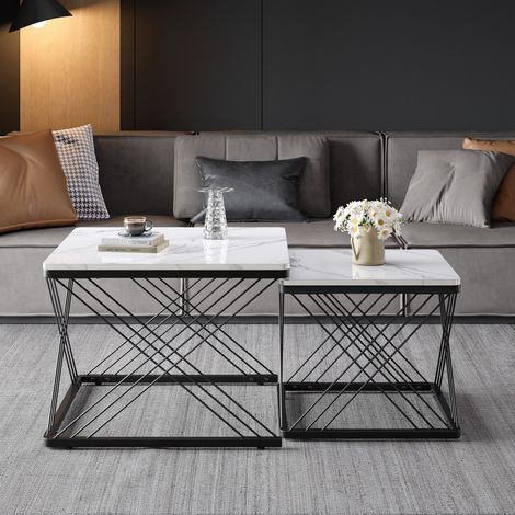 Table basse carrée set de 2 (60x60x45cm & 45x45x40cm) - finition brillante effet pierre, pieds réglables et charge 30kg (1/5)