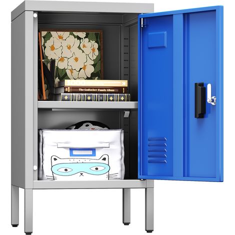 Armoire en métal AOBABO avec aérations, armoire en métal avec serrure et fente pour cartes de visite, adaptée pour l'école, le bureau et la maison, 30x35x62 cm, à assembler soi-même, Gris/Bleu (1/5)