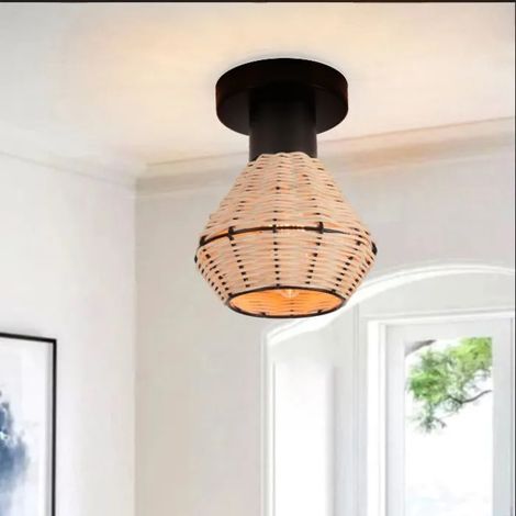Plafonnier Industriel,16cm Lustre Plafonnier Vintage Abat-jour Bambou et Métal Lampe de Plafond Design Cage pour Salon