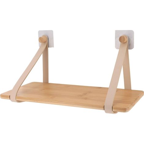 Etagere bambou + lanieres simili cuir sur sticker ou a fixer - beige/bambou - Tendance (1/3)