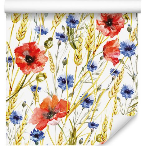 Papel pintado de amapolas y acianos para salón y dormitorio, 50x1000 cm. (1/5)