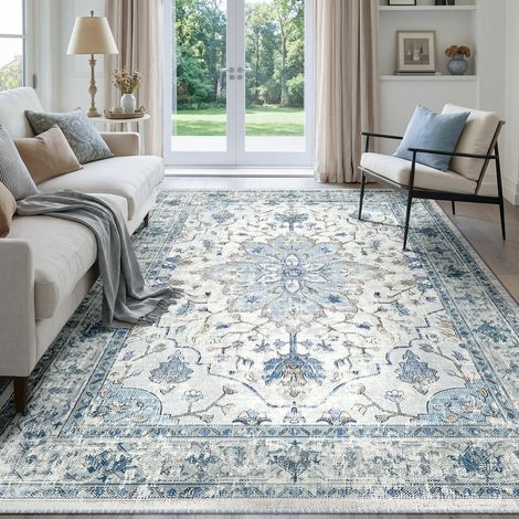 Vintage Tapis de Salon 150x210 cm Lavable Bleu/Gris Tapis Salon, Tapis Chambre, Lavable en Machine, Vintage, Boho, Rétro, Antidérapant, Cuisine, Salle à Manger, Douce, OEKO (1/5)
