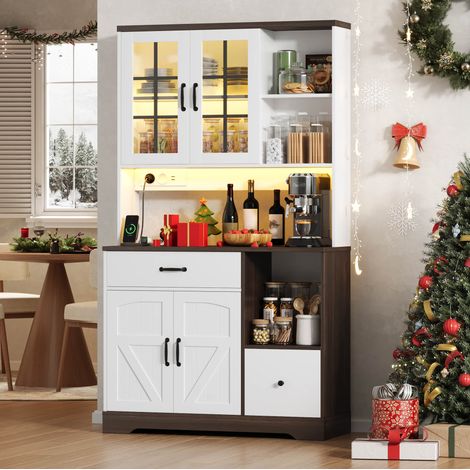 Aparador alto de cocina MDF natural y blanco 105x40x185 cm con LED regulable, enchufes, cajones y estantes ajustables (1/5)