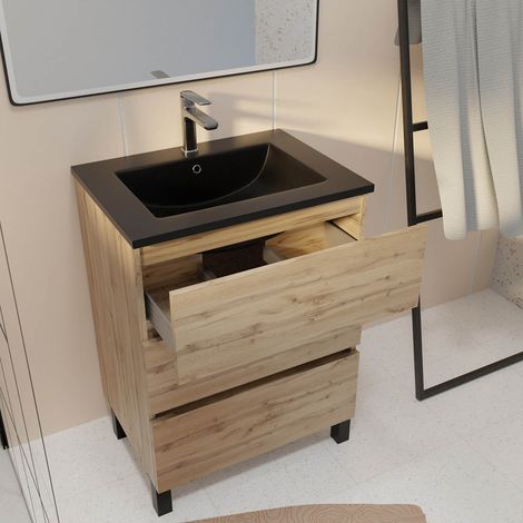 meuble de salle de bains 60 cm 3 tiroirs chêne naturel + vasque céramique noire - timber — vue 2
