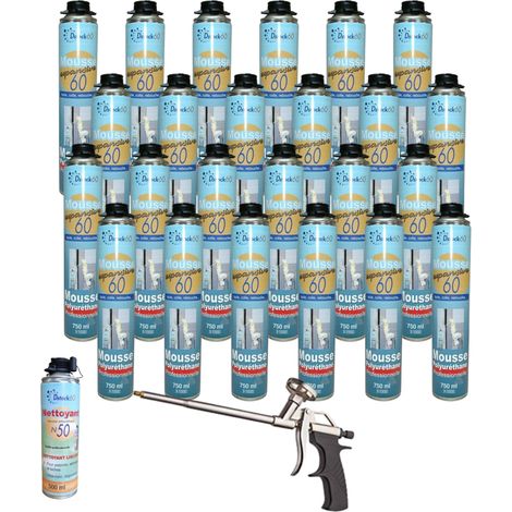 DSTOCK60-24 mousses pistolables expansives 750ml + 1 pistolet + 1 nettoyant - Isole. colle et rebouche - Extérieur & Intérieur